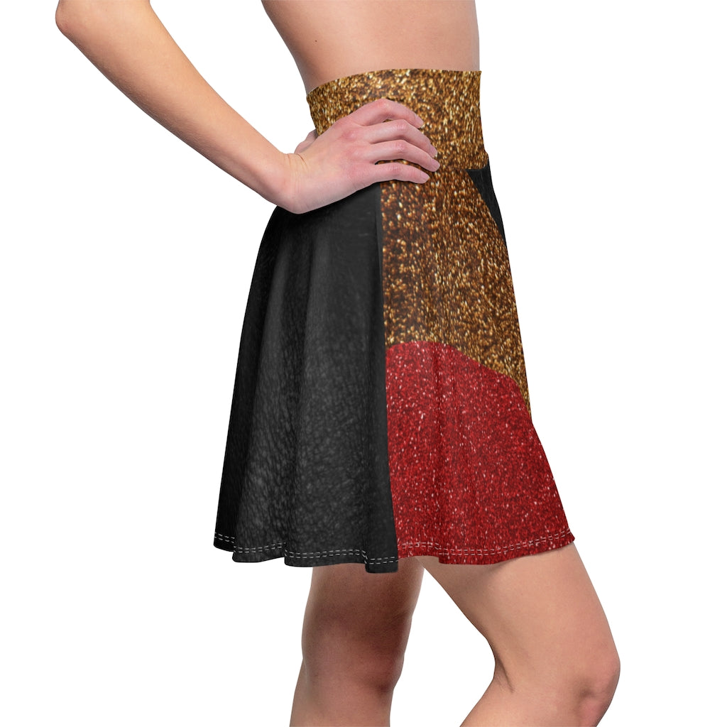 I'm Festive Women's Skater Skirt Black Leather Like Print Red/Brown/Gold Glitters Print 2