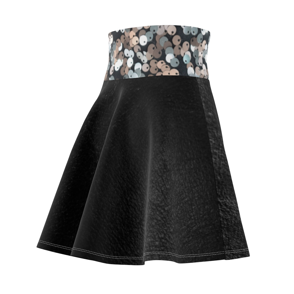 I'm Festive Women's Skater Skirt Black Leather/Iridescent Sequin Print