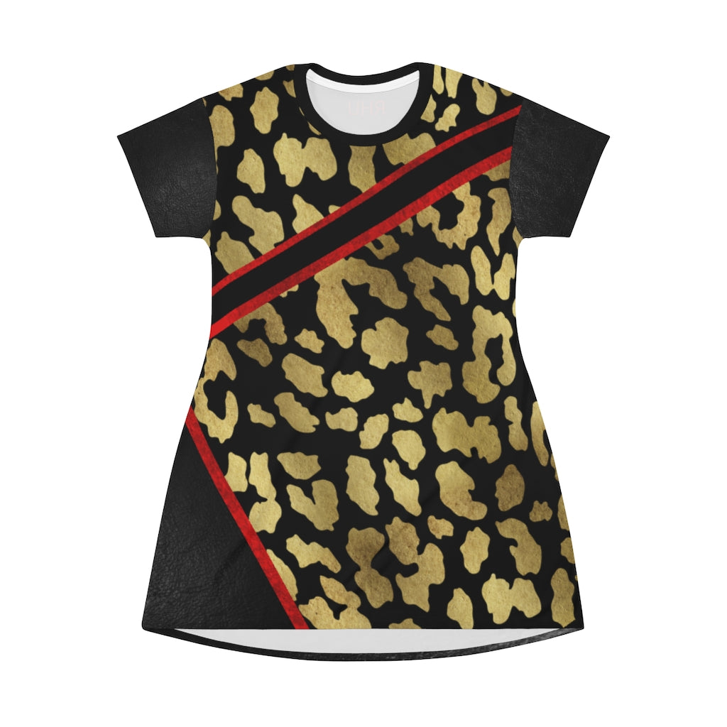 I'm Festive Leopard Black Leather Red Velvet  Like Print Dress