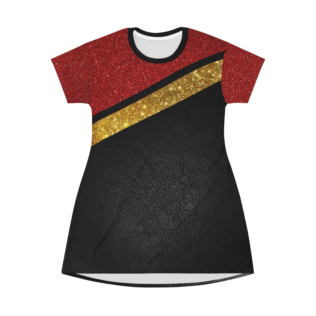 I'm Festive Black Leather Like Print Dress  Red Gold Glitters Print