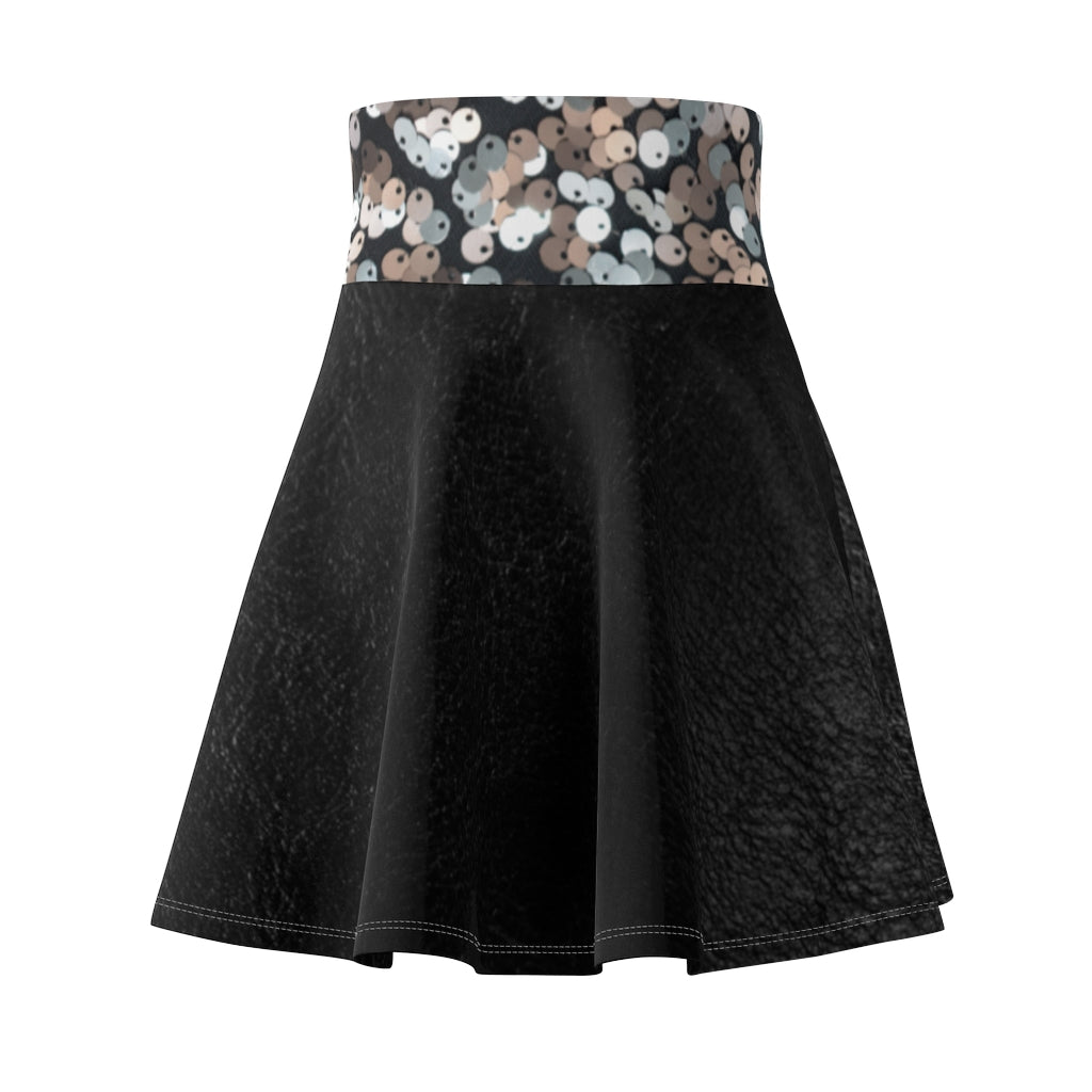 I'm Festive Women's Skater Skirt Black Leather/Iridescent Sequin Print