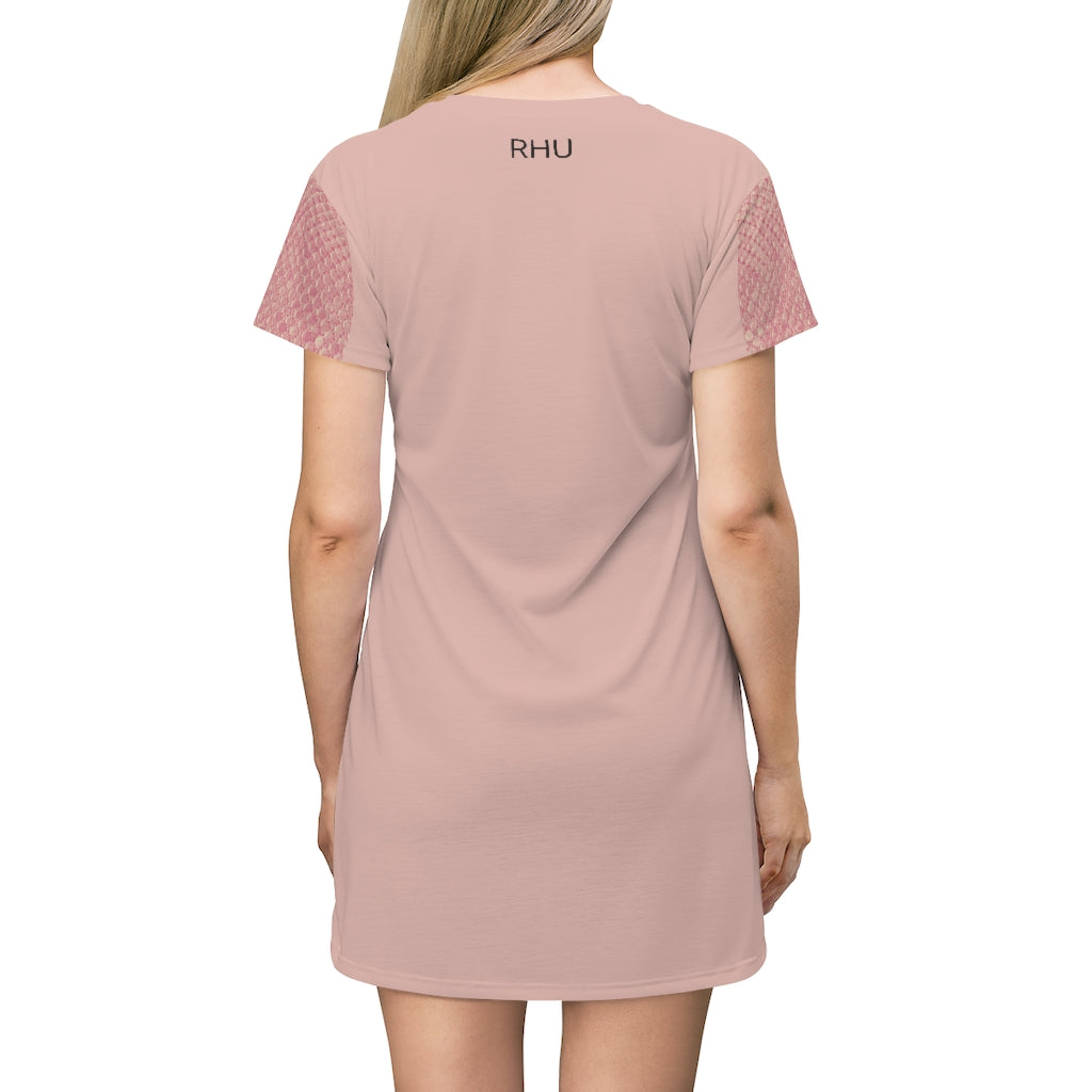 Cat Eat Sleep T-Shirt Dress White Pale Pink Sleeves