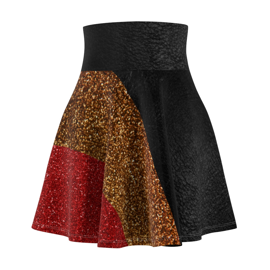 I'm Festive Women's Skater Skirt Black Leather Like Print Red/Brown/Gold Glitters Print 2 Black Leather Print Waistband