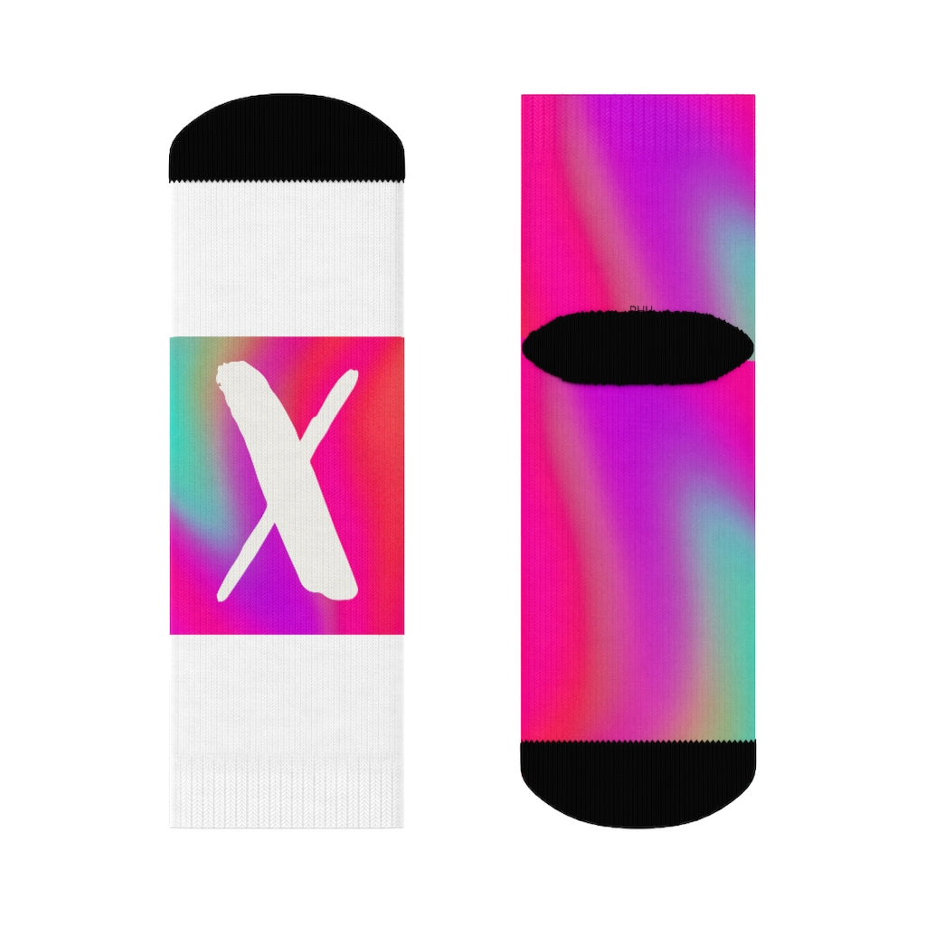 White Pink Purple Blue Fading X Crew Socks