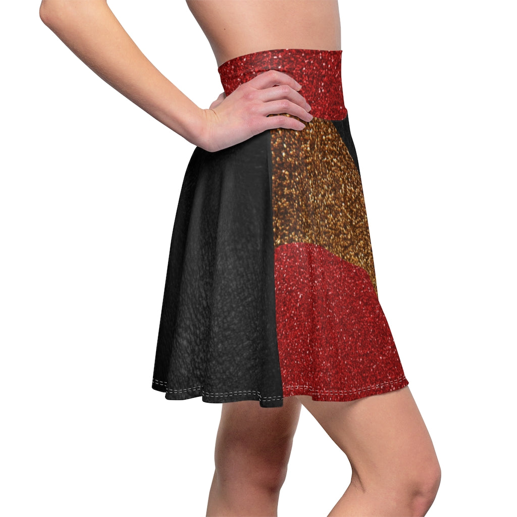 I'm Festive Women's Skater Skirt Black Leather Like Print Red/Brown/Gold Glitters Print 2 Red Waistband