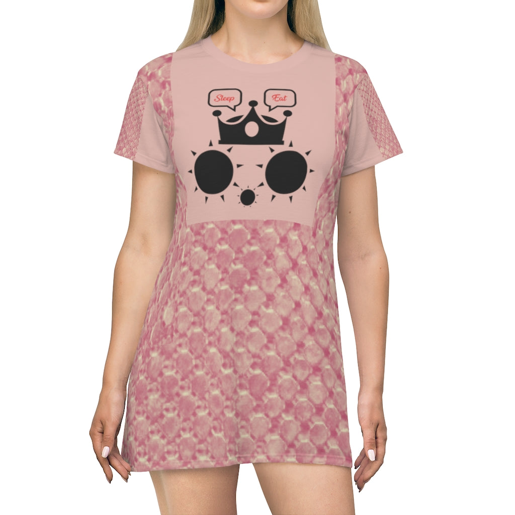 Cat Eat Sleep T-Shirt Dress White Pale Pink Sleeves