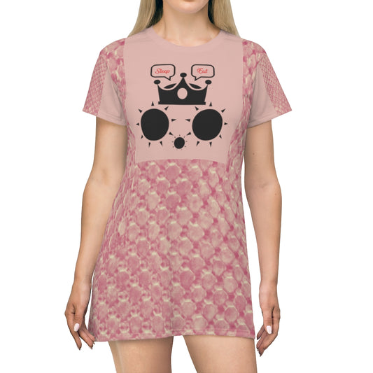 Cat Eat Sleep T-Shirt Dress White Pale Pink Sleeves