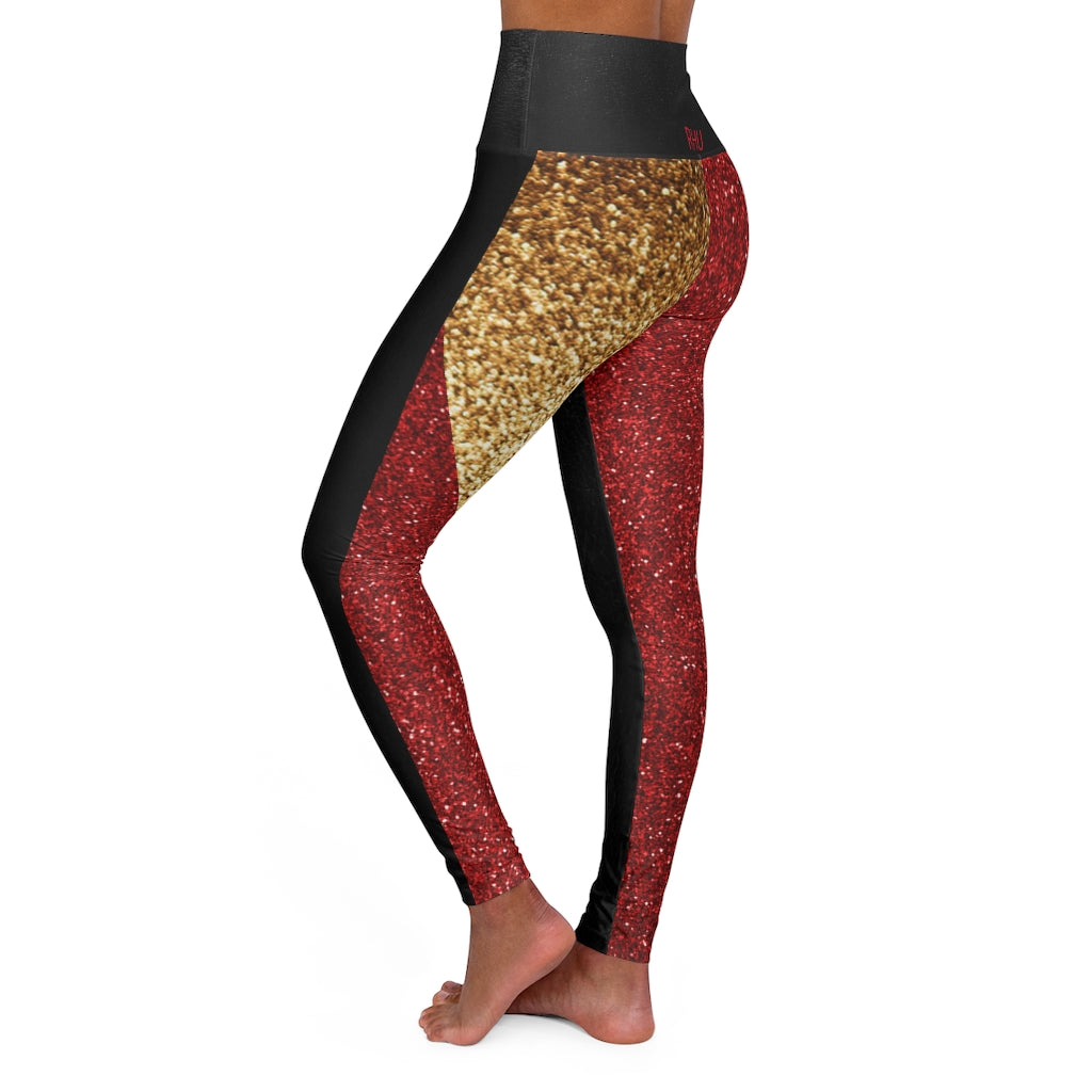 I'm Festive High Waisted Leggings Black LeatherPrint  Front Red Glitter Leopard Print