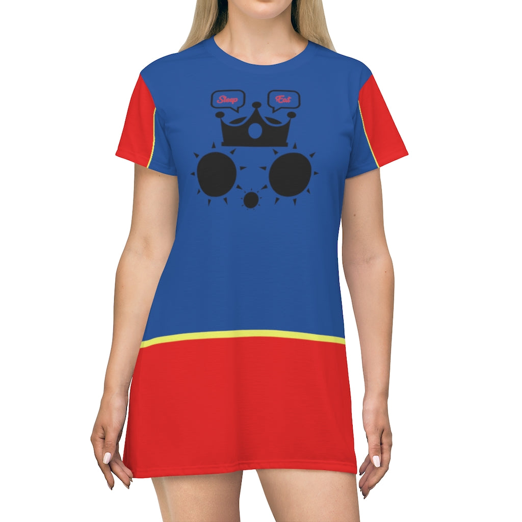 Cat Eat Sleep T-Shirt Dress Blue Red Sleeve