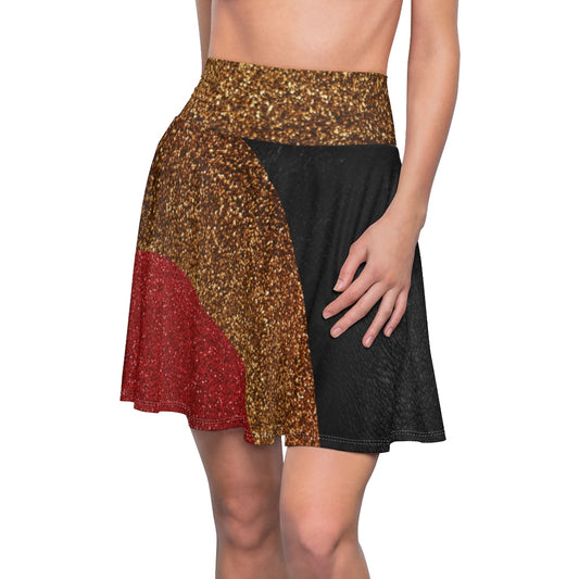 I'm Festive Women's Skater Skirt Black Leather Like Print Red/Brown/Gold Glitters Print 2