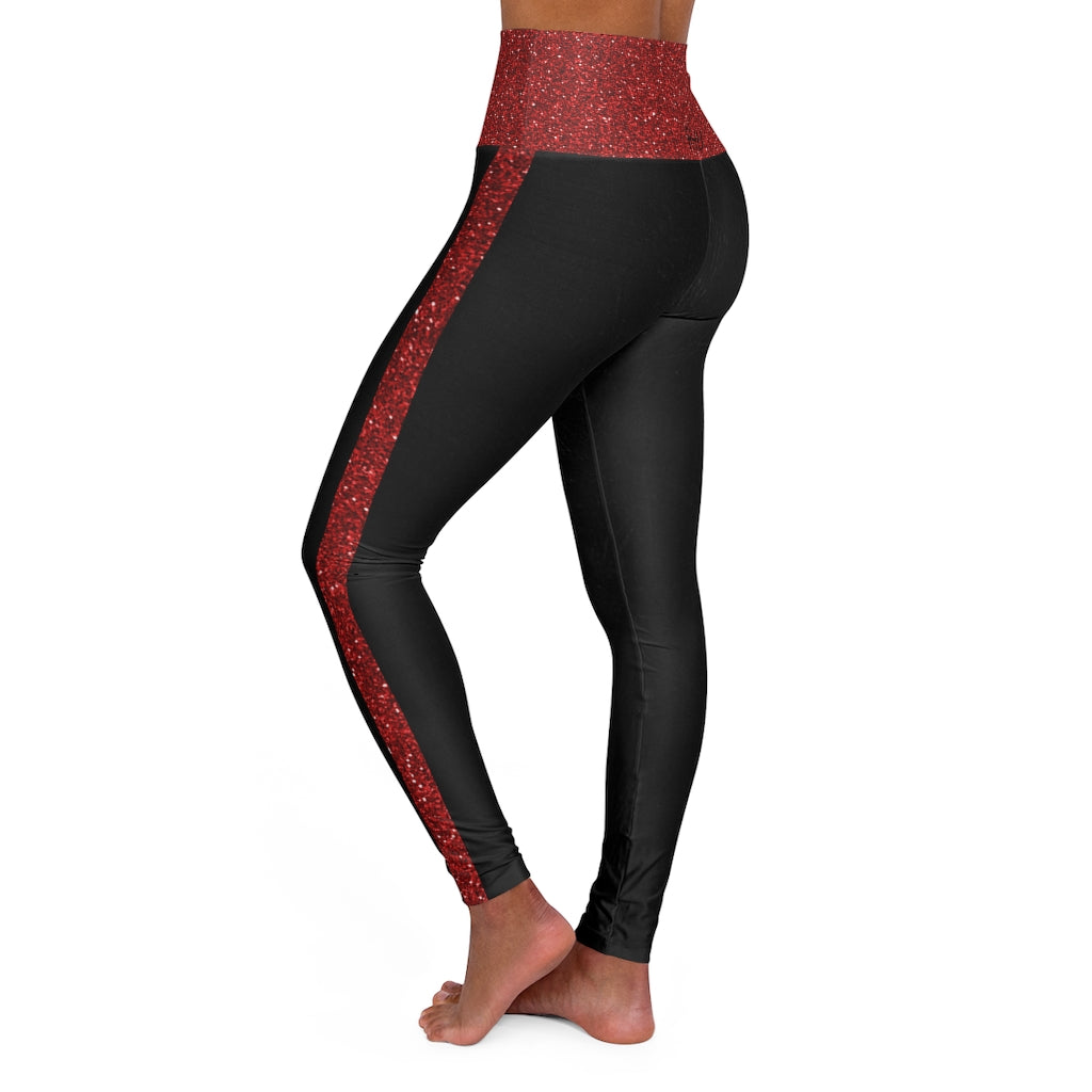 I'm Festive High Waisted Leggings Black Leather Red Glitter Print