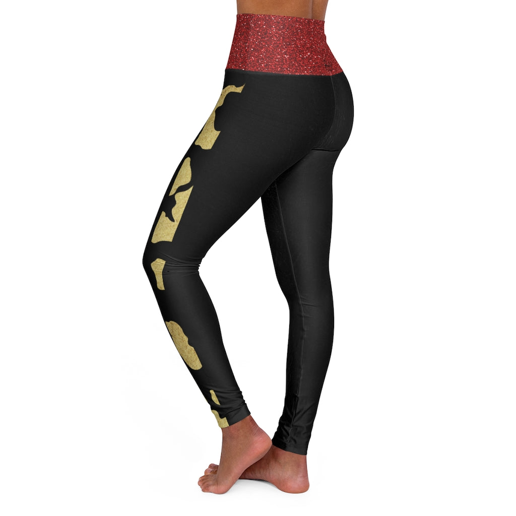 I'm Festive High Waisted Leggings Black Leather Red Glitter Leopard Print