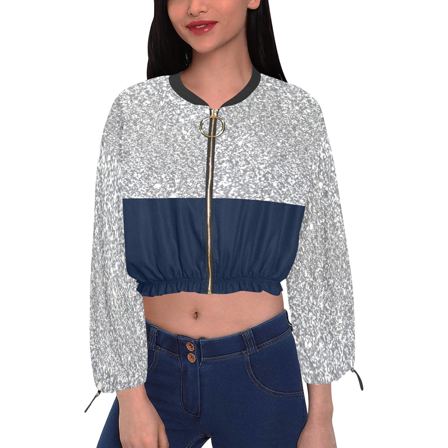 I'm Festive Silver Glitters/Blue Chiffon Cropped Jacket