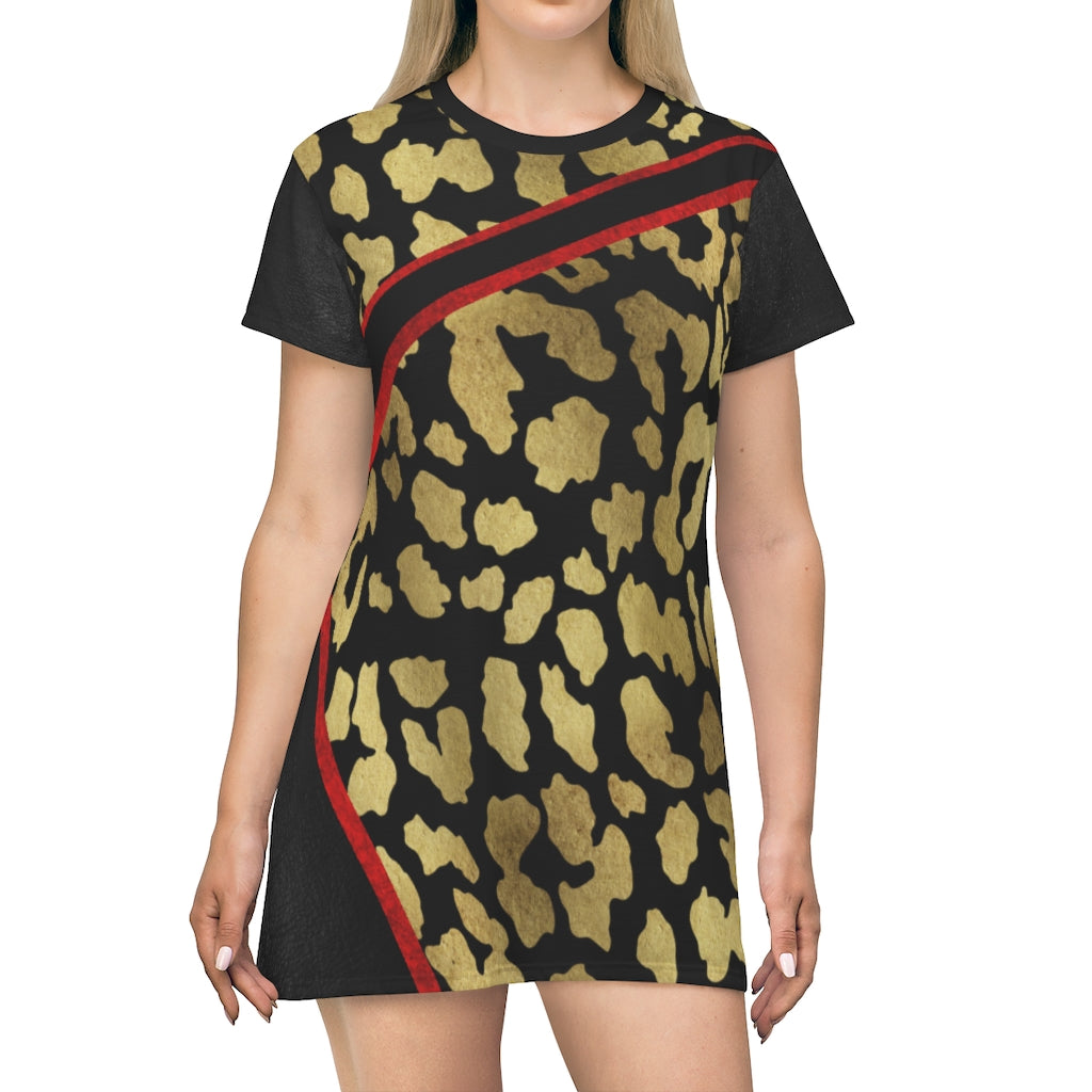 I'm Festive Leopard Black Leather Red Velvet  Like Print Dress