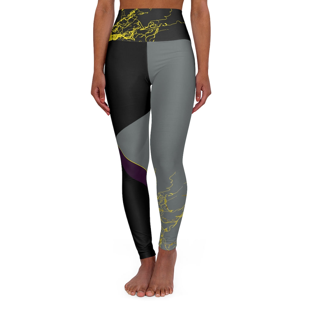 Gold Electric Lights Back Buddha Logo Est High Waisted Yoga Legging RHU Black/Dark Grey