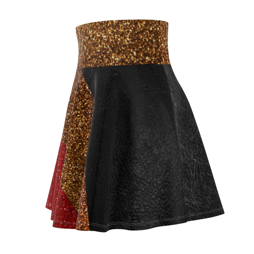 I'm Festive Women's Skater Skirt Black Leather Like Print Red/Brown/Gold Glitters Print 2