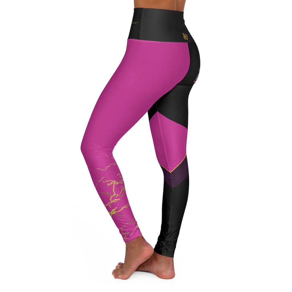 Gold Electric Lights Back Buddha Logo Est High Waisted Yoga Legging RHU Black/Dark Pink