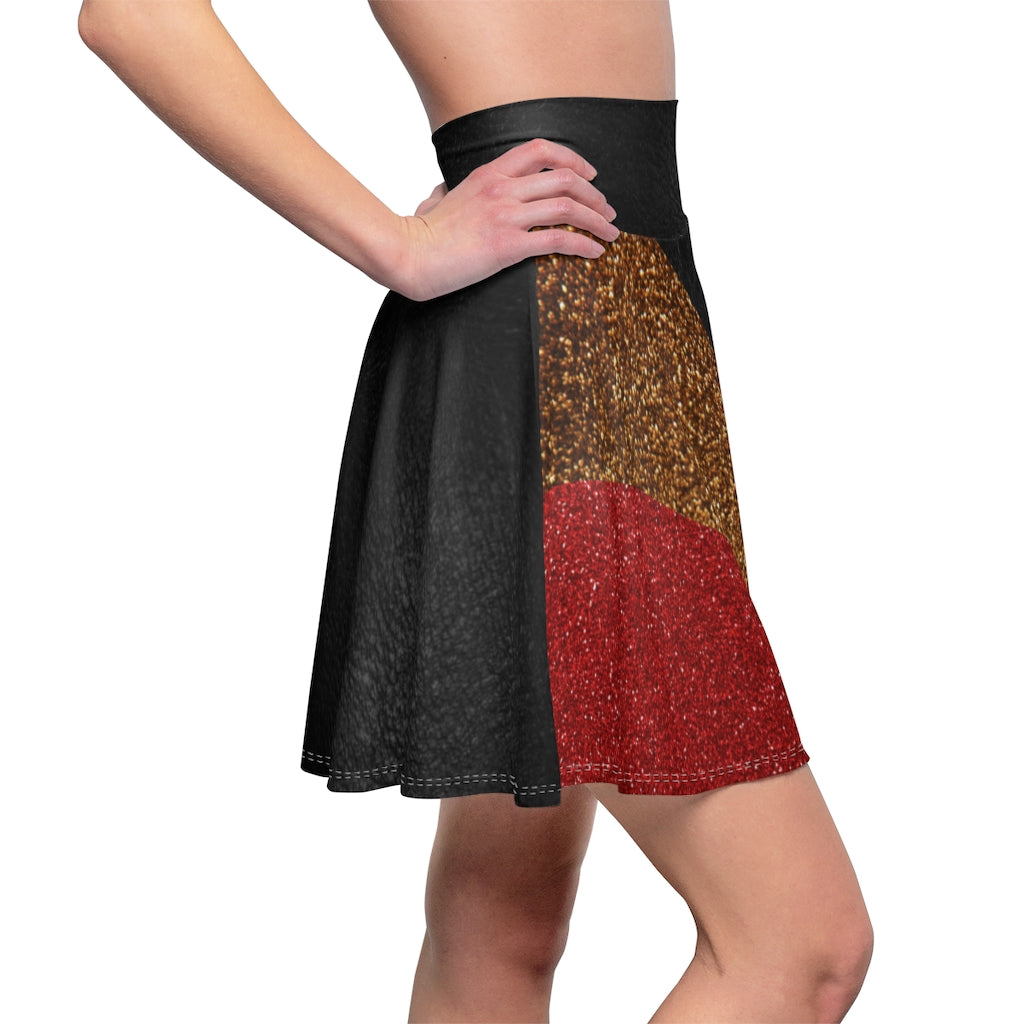 I'm Festive Women's Skater Skirt Black Leather Like Print Red/Brown/Gold Glitters Print 2 Black Leather Print Waistband