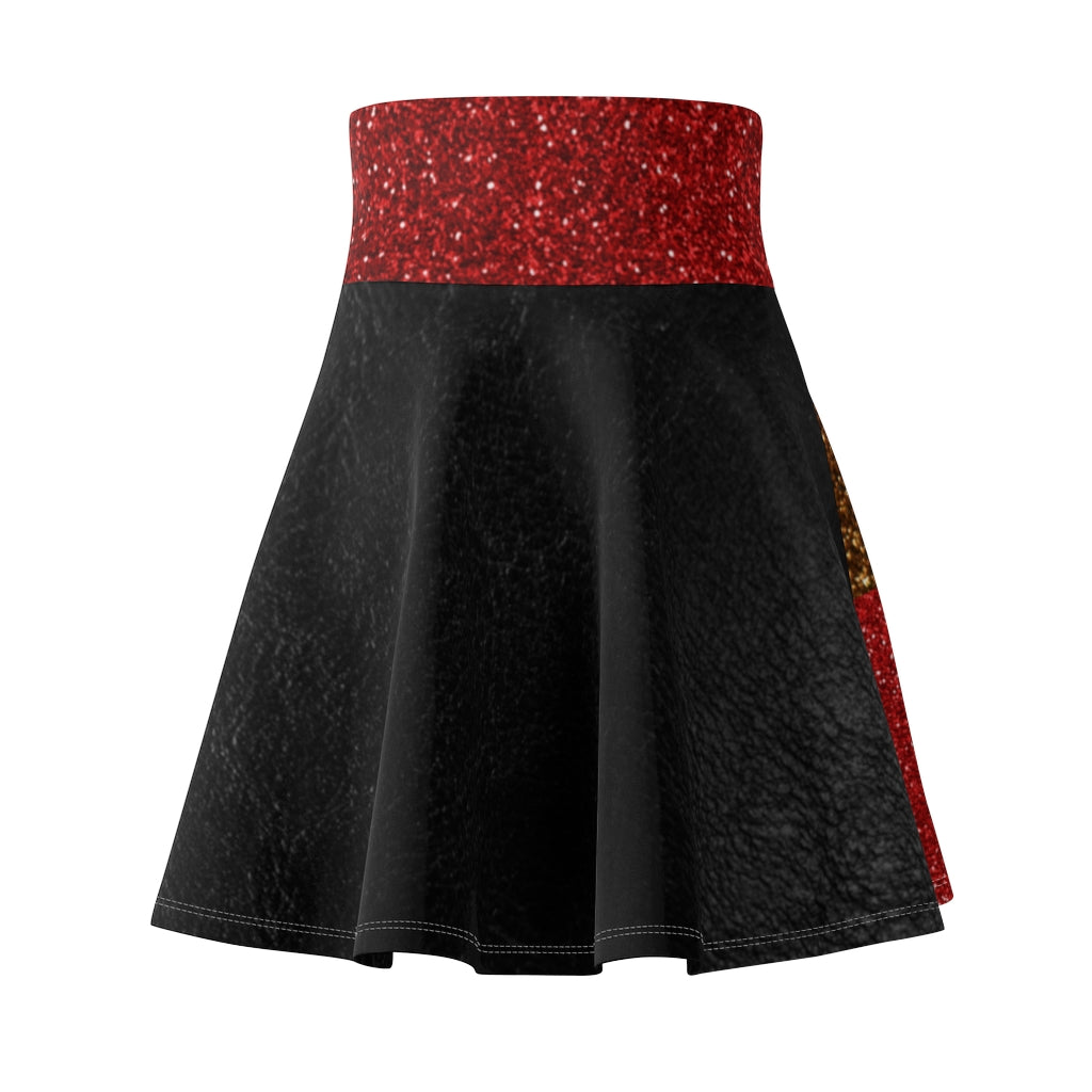 I'm Festive Women's Skater Skirt Black Leather Like Print Red/Brown/Gold Glitters Print 2 Red Waistband