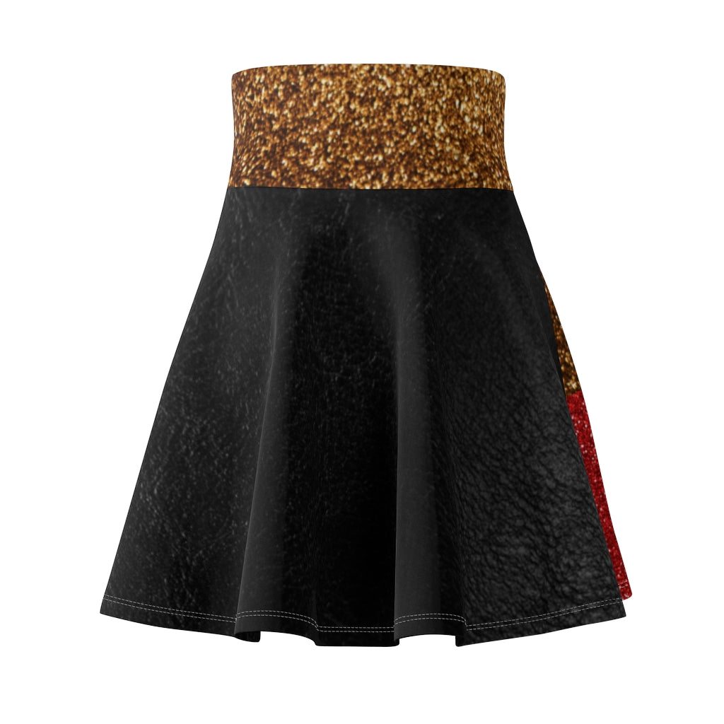 I'm Festive Women's Skater Skirt Black Leather Like Print Red/Brown/Gold Glitters Print 2