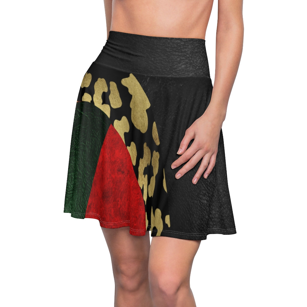 I'm Festive Women's Skater Skirt Black Red Green Leather Like Print Leopard