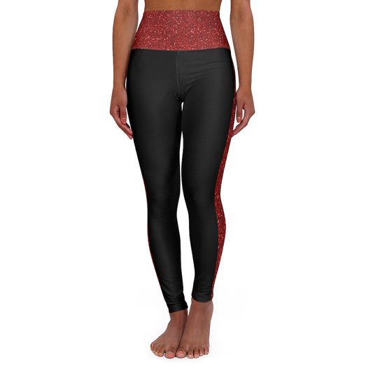 I'm Festive High Waisted Leggings Black Leather Red Glitter Print