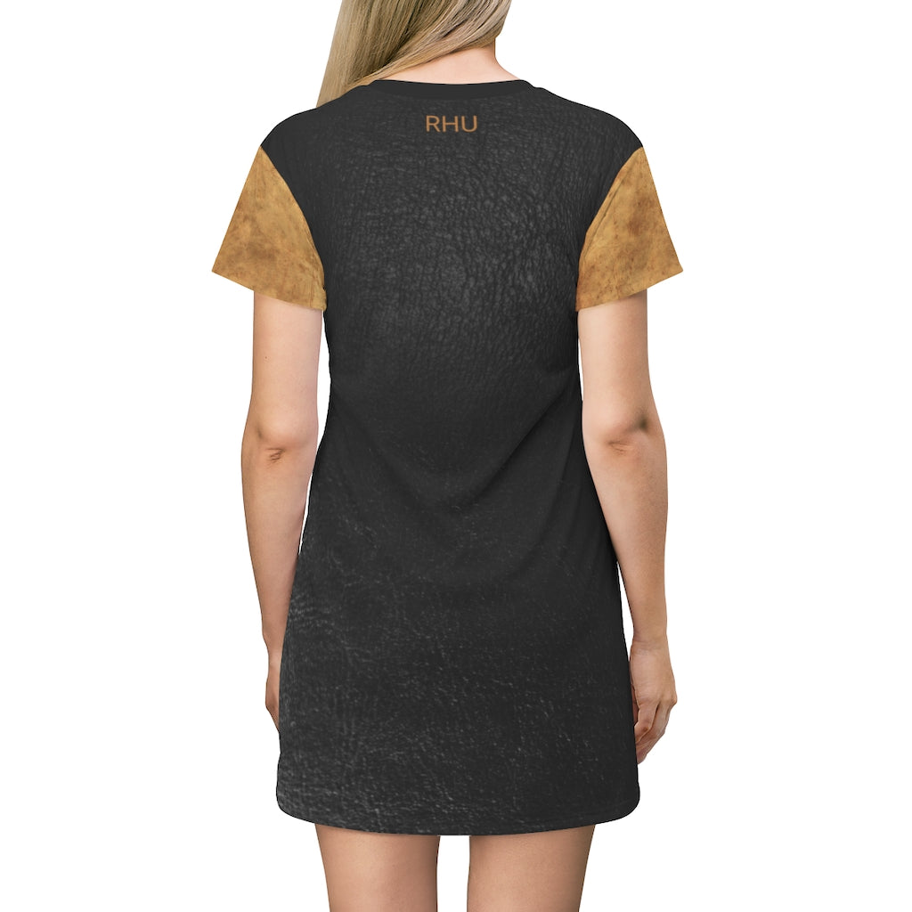 Black Leather Like Print Dress Light Brown Top