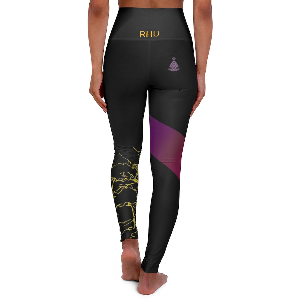 Gold Electric Lights Back Buddha Logo Est High Waisted Yoga Legging RHU Black Purple Fading