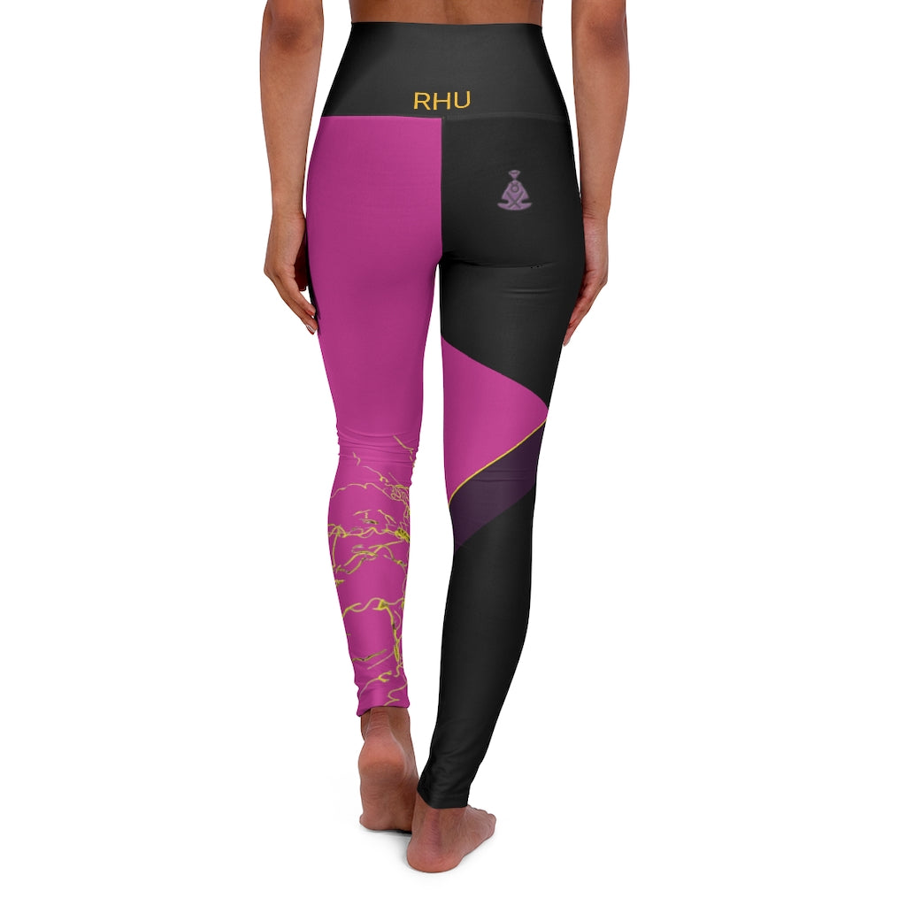 Gold Electric Lights Back Buddha Logo Est High Waisted Yoga Legging RHU Black/Dark Pink