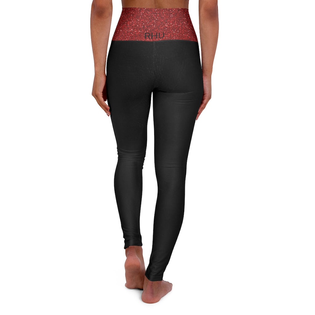 I'm Festive High Waisted Leggings Black Leather Red Glitter Leopard Print