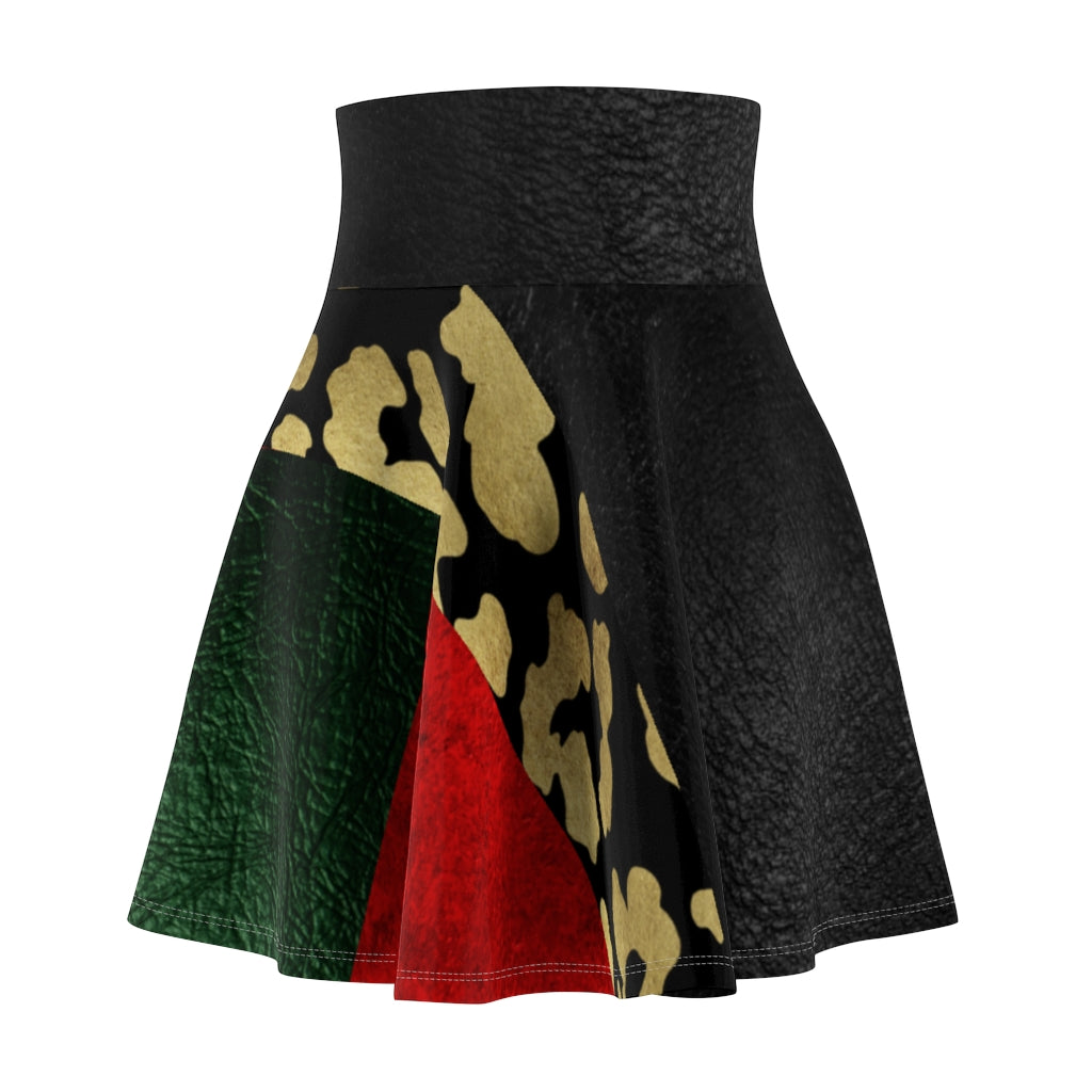 I'm Festive Women's Skater Skirt Black Red Green Leather Like Print Leopard