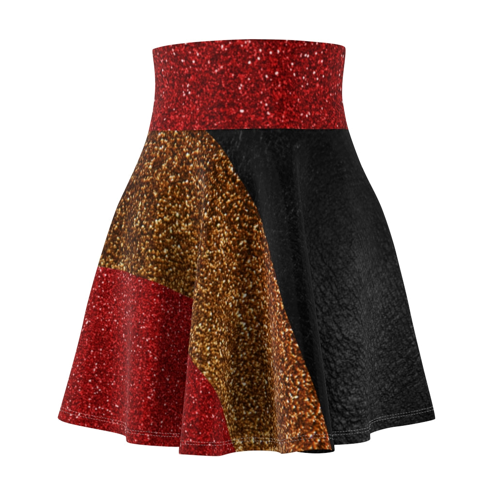 I'm Festive Women's Skater Skirt Black Leather Like Print Red/Brown/Gold Glitters Print 2 Red Waistband