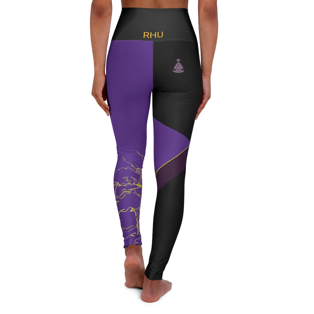 Gold Electric Lights Back Buddha Logo Est High Waisted Yoga Legging RHU Black/Purple